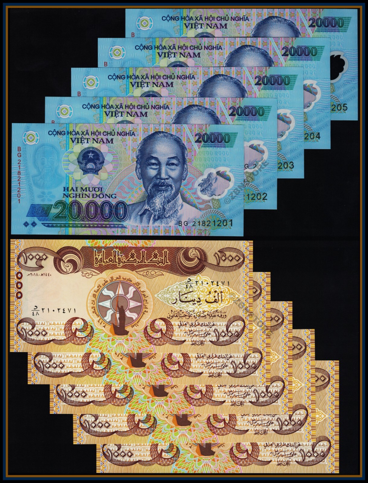 5 x 1000 Dinars Iraq 2018 + 5 x 20,000 Dong Vietnam New Uncirculated Authentic
