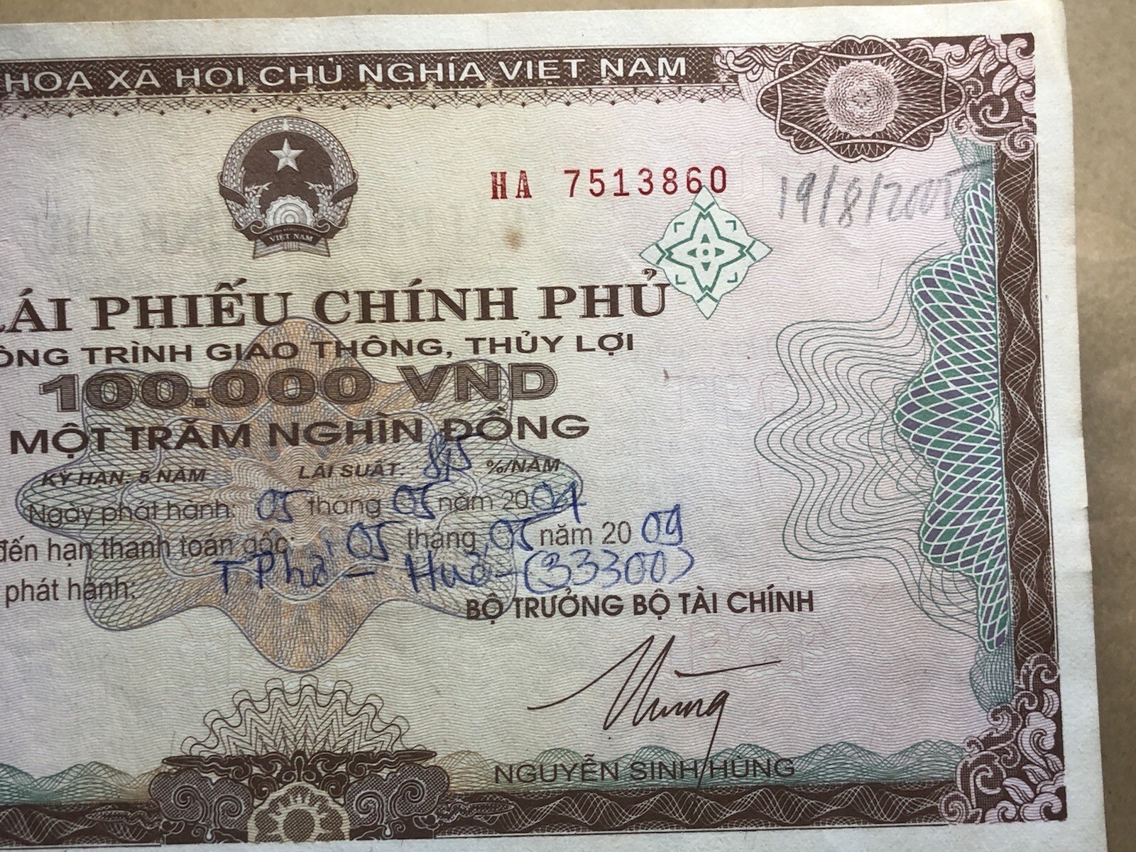 100,000 Dong Payment Bond Cheque Unpaid 2004 Original Vintage Rare_LDP Shop.