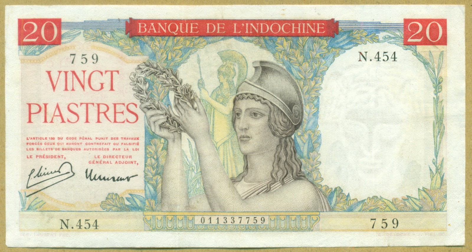 French Indochina 20 Piastres ND (1949) Pick 81a. High grade.
