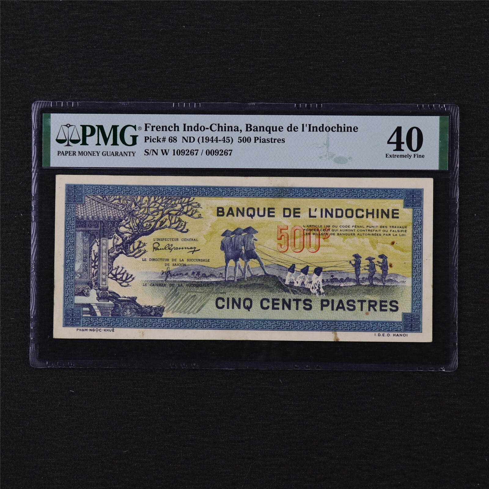 1944-45 French Indo-China Banque de I Indochine 500 Piastres Pick#68 PMG 40