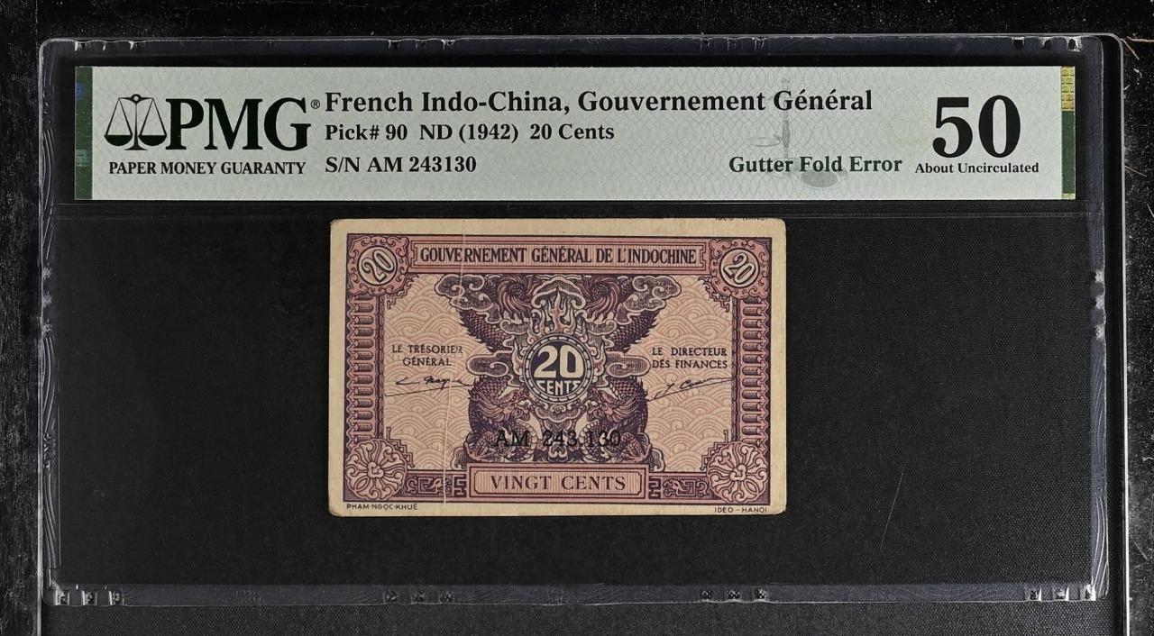 French Indochina P-90 20 Cents 1942 PMG 50 Gutter Fold Error