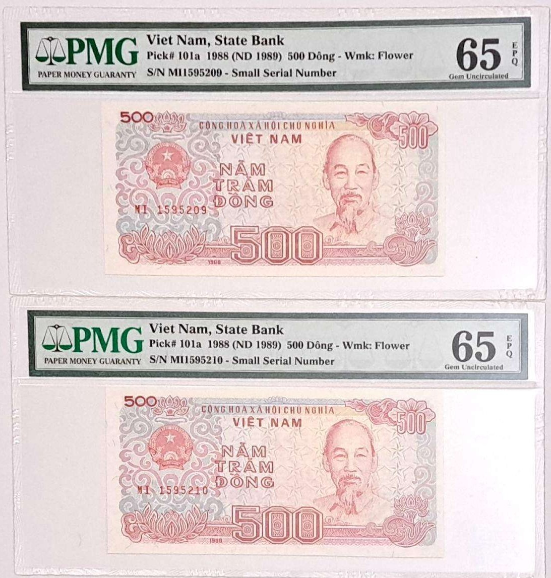 Viet Nam State Bank 500 Dong 1988 SN# MI1595209, MI1595210 (Set of 2) PMG 65 EPQ