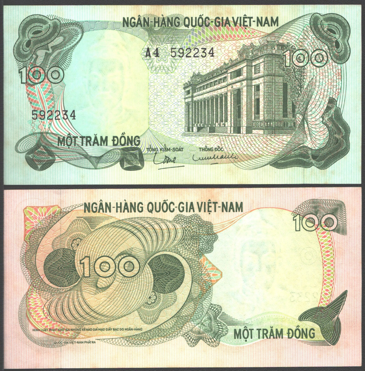 VIETNAM SOUTH 100 DONG 1970 XF PREFIX A4 SOME YELLOW SPOTS,BANK BUILDING AT RIGH