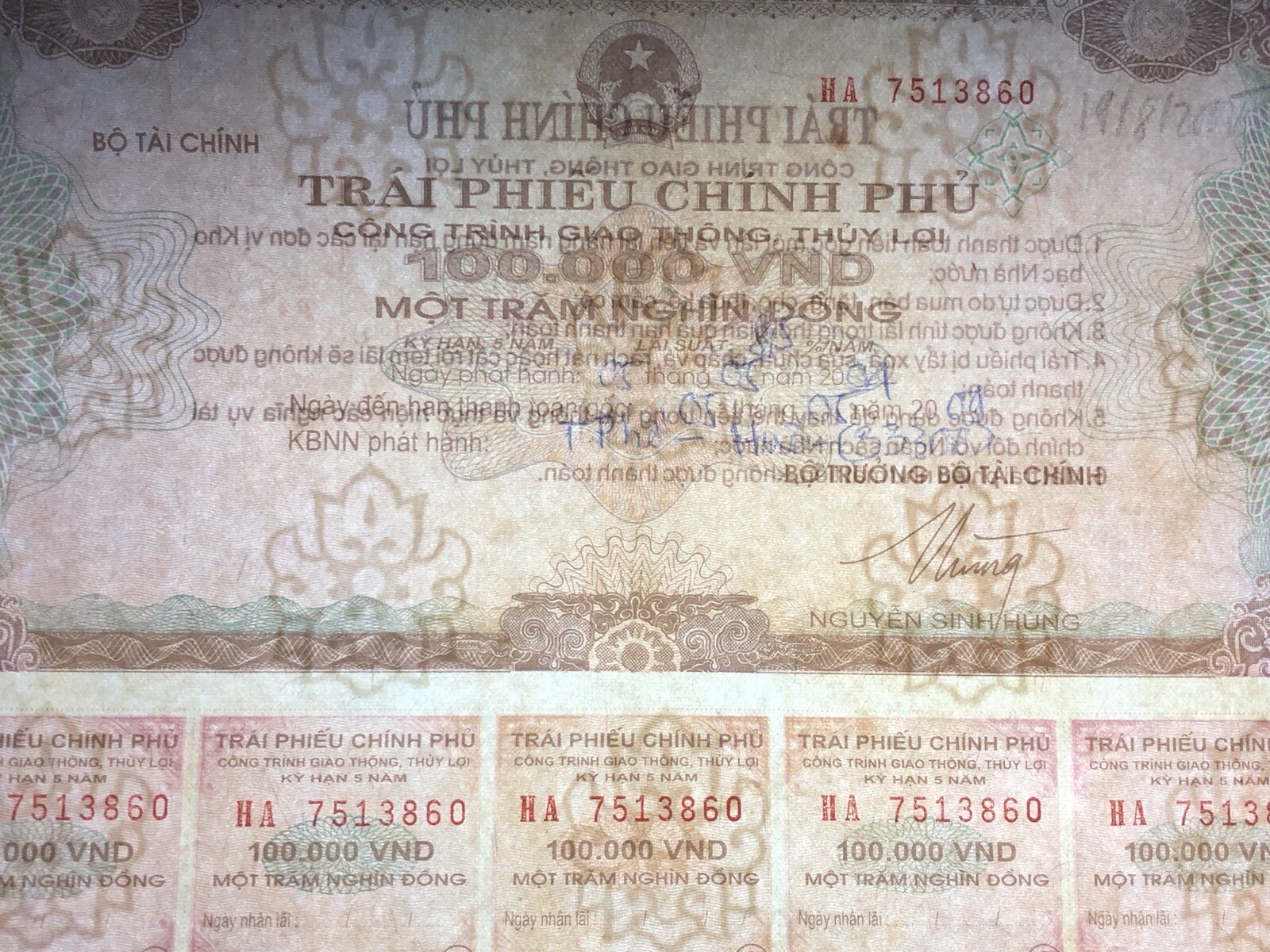 100,000 Dong Payment Bond Cheque Unpaid 2004 Original Vintage Rare_LDP Shop.