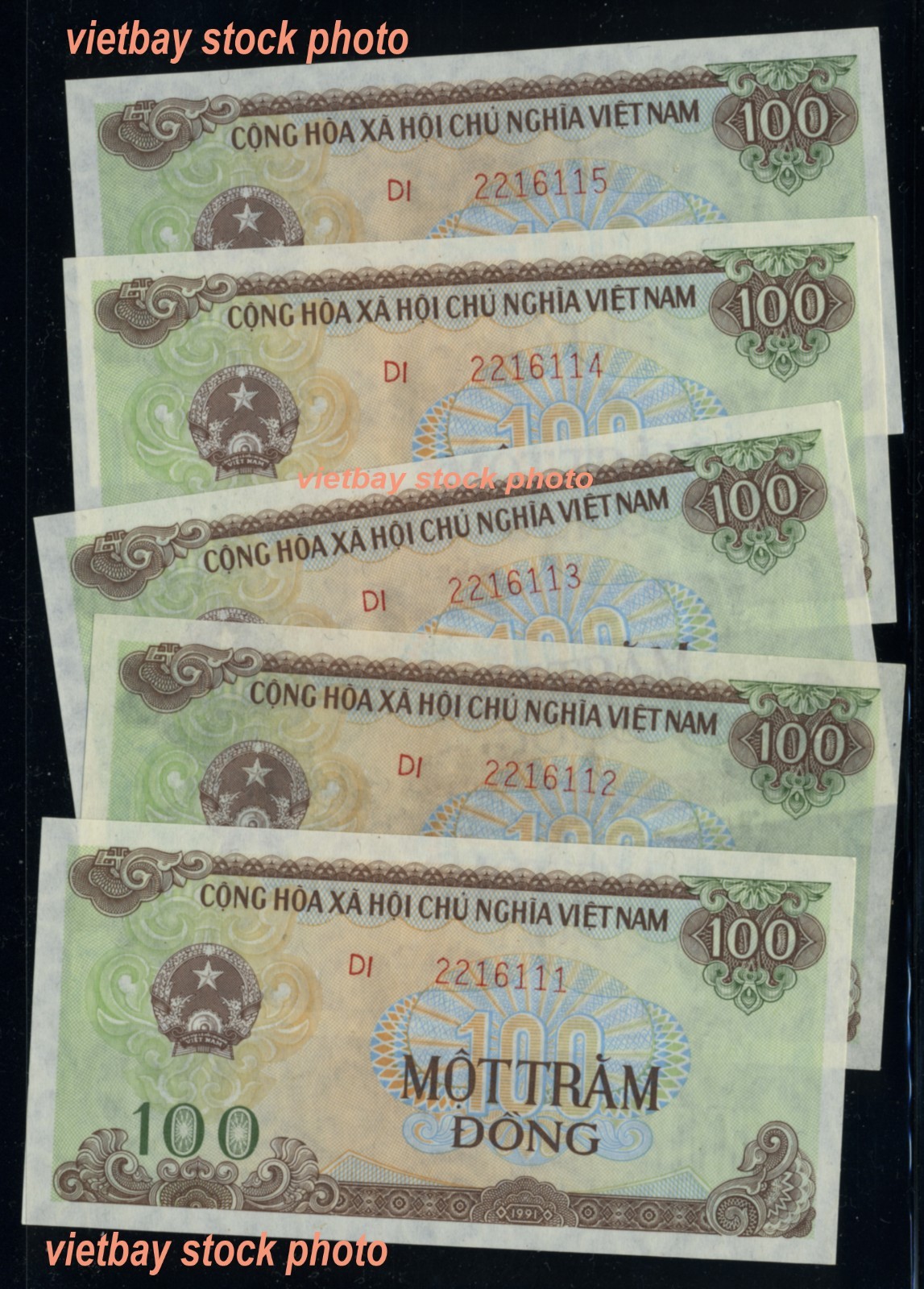 Viet Nam 1991 P105 100 dong Pho Minh Tower, Nam Dinh 5 Consecutive Numbers UNC