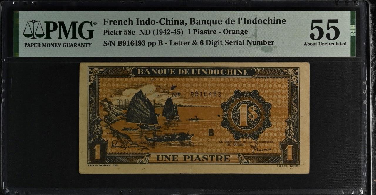 French Indochina P-58c 1 Piastre 1942-45 PMG 55 Ink Stamp
