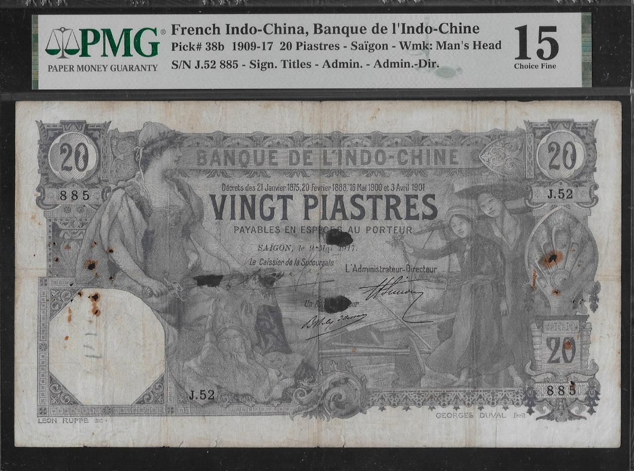 French Indochina P-38b 20 Piastres Saigon 1917 PMG 15 Rust, Pinholes