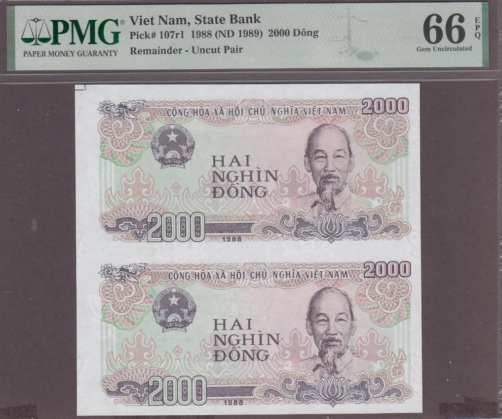 Viet Nam 2000 Dong Banknote P-107r1 1988 (ND 1989) PMG 66EPQ Uncut Pair