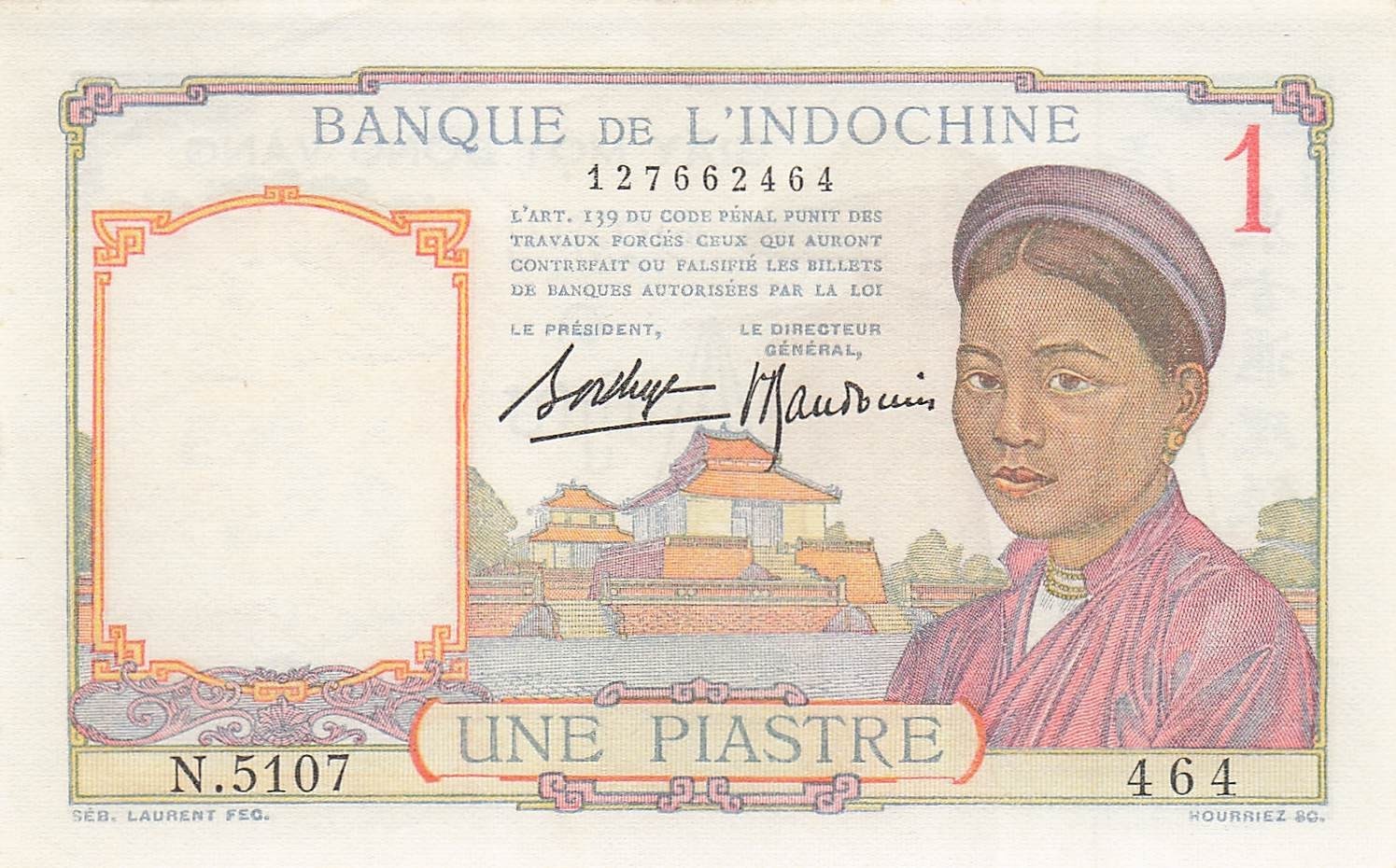 French Indo China 1 Piastre P 54b ND. 1936 Series N Uncirculated Banknote G 39