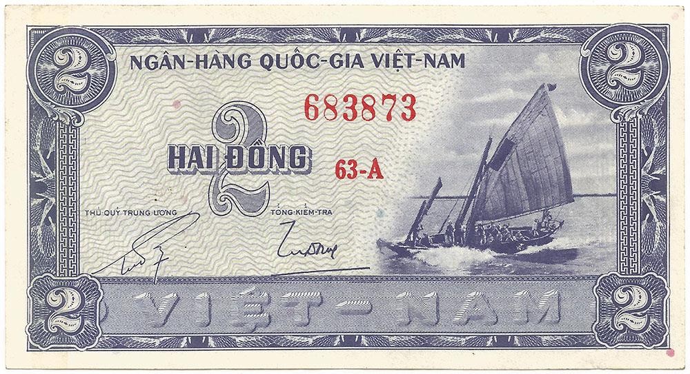 1955 Long-Gone “SOUTH VIETNAM” Crispy ALMOST UNCIRCULATED Nice “TWO DONG” Note