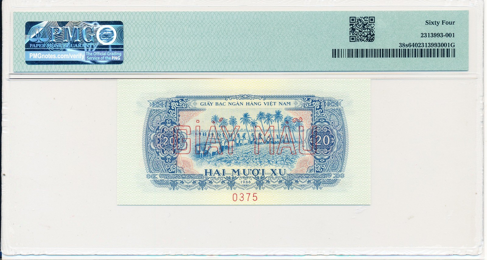 National Bank Viet Nam 20 Xu 1966 Specimen PMG 64