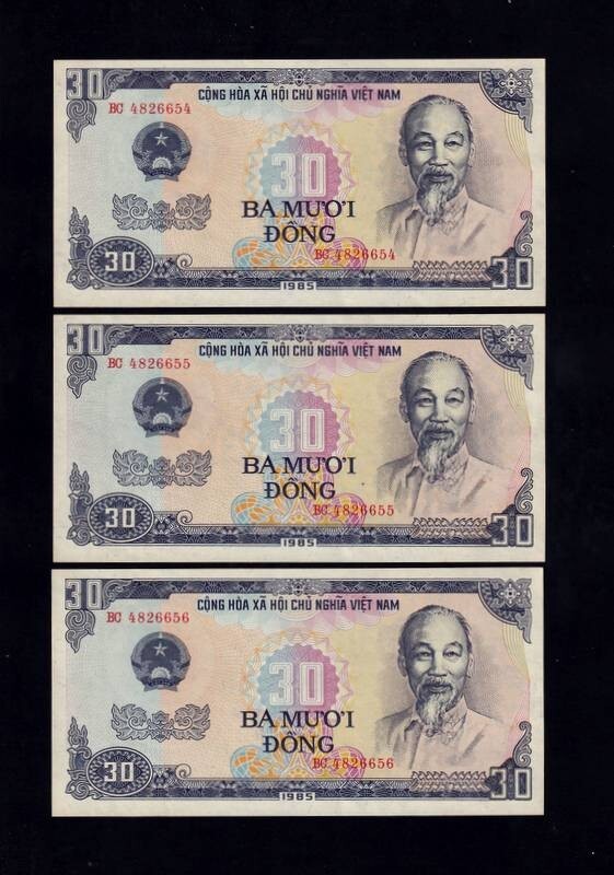 Viet Nam Lot 3 30 Dong 1985 Consecutive Serial Number Pick 95a Rare UNC Quality