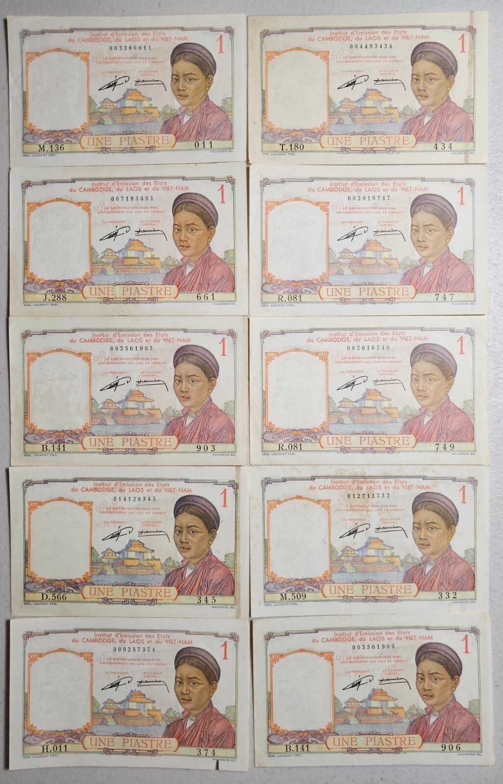 Indochina, Vietnam 1 Piastre 1953, Lot of 10