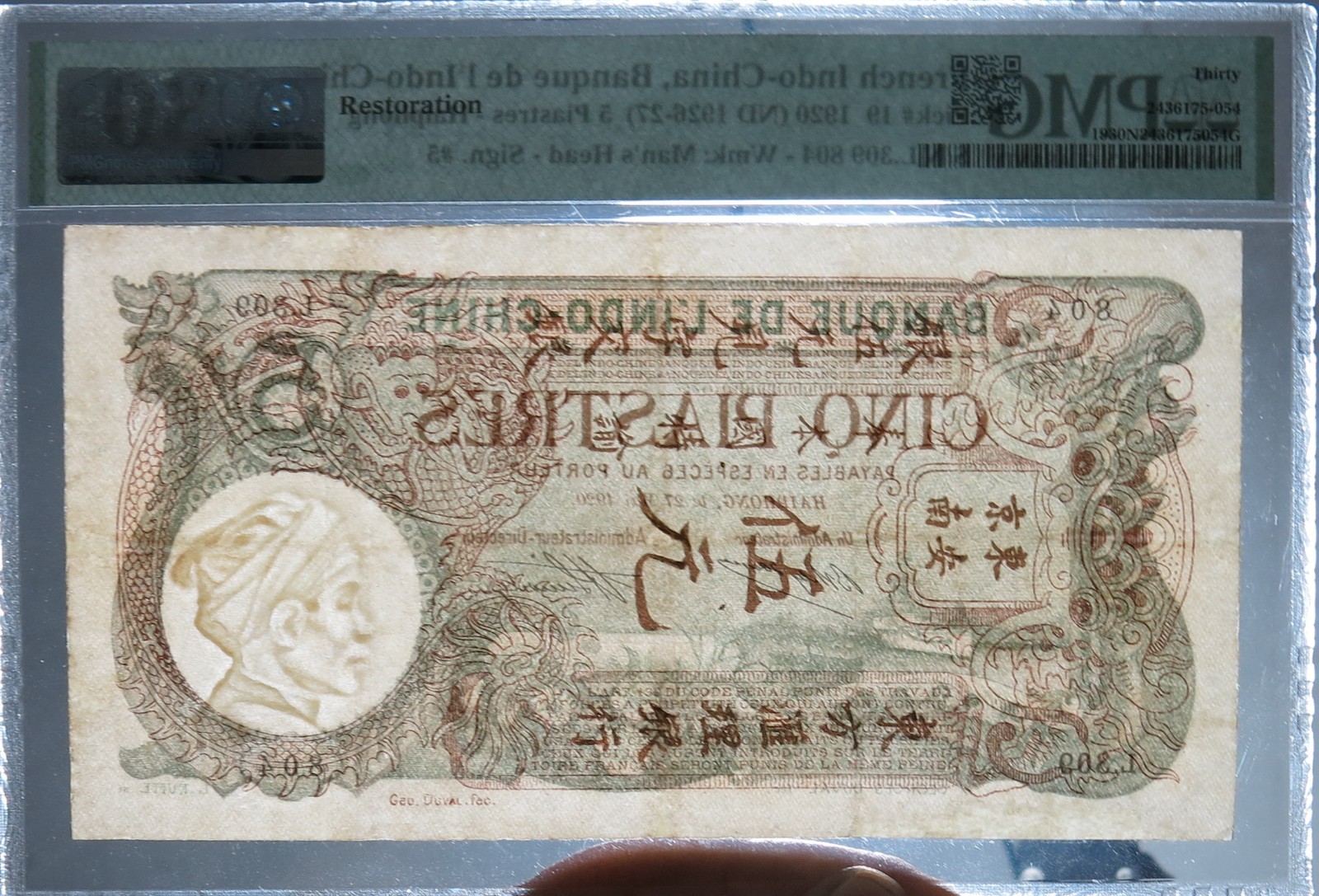 French Indochina 1920. 5 Piastres Haiphong Pick# 19, Sign 5. PMG 30