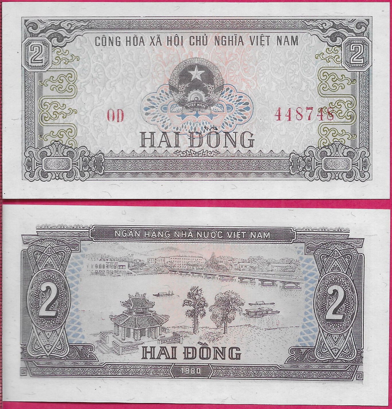 VIETNAM SOCIALIST 2 DONG 1980 AU PREFIX OD,RIVER SCENE,ARMS IN CENTER,Lettering: