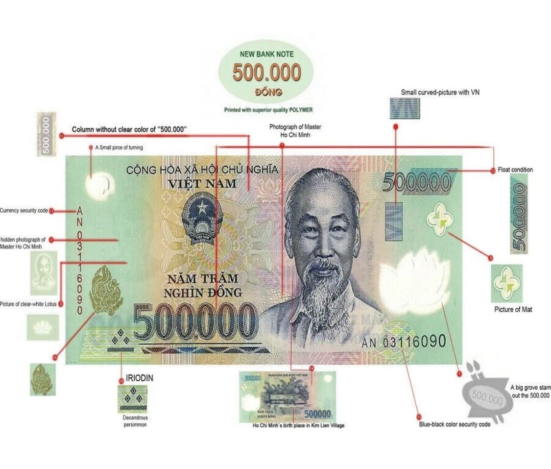 2 Million Vietnamese Dong 4 x 500,000 Vnd Banknotes Polymer P-124 UNC