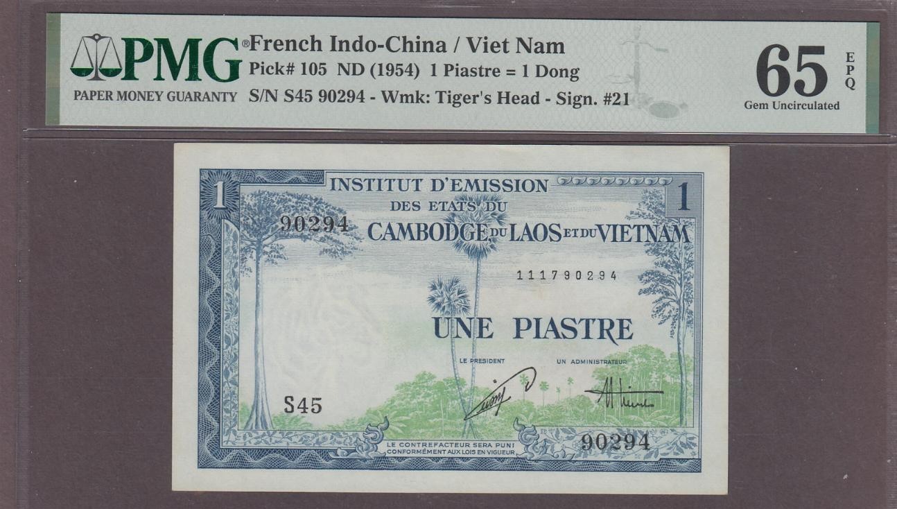 French Indochina 1 Piastre Banknote P-105 (ND 1954) PMG 65EPQ