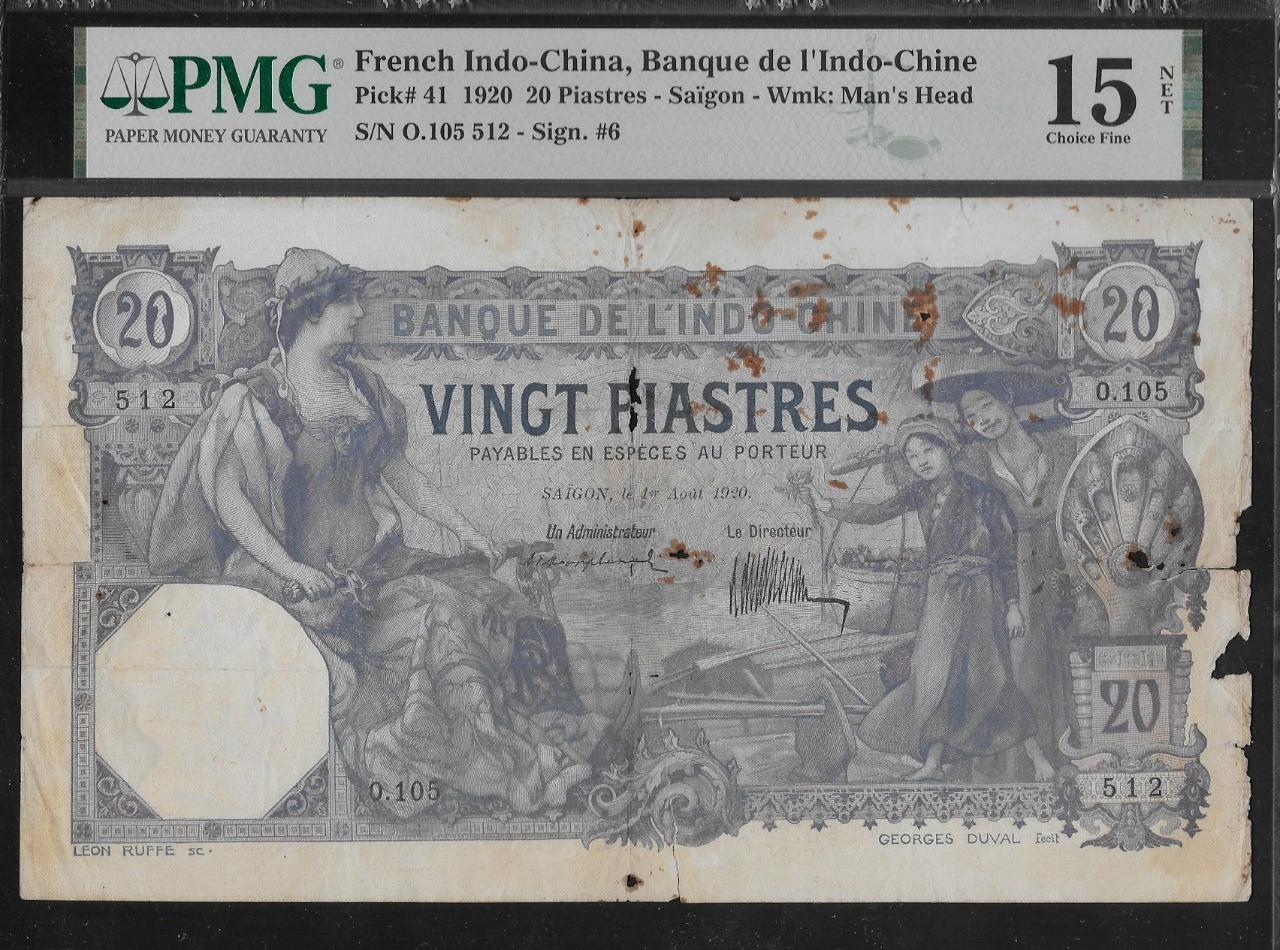 French Indochina P-41 20 Piastres Saigon 1920 PMG 15 NET Rust, Paper Damage