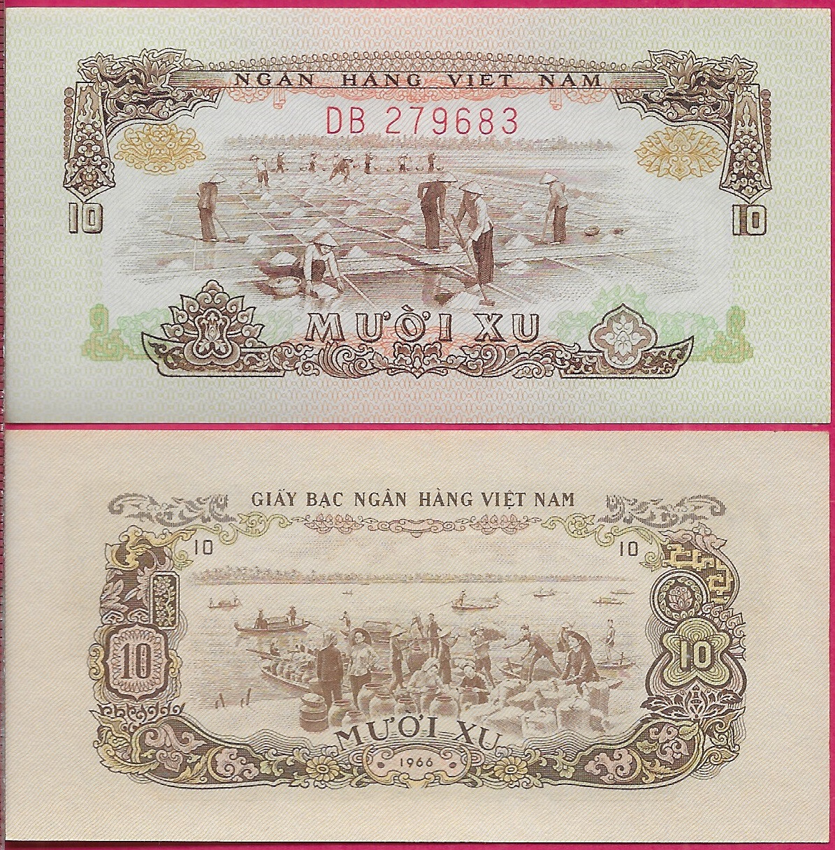 VIETNAM SOUTH 10 XU 1966 UNC PREFIX DB,TRANSITIONAL ISSUE,DRYING SALT,UNLOADING