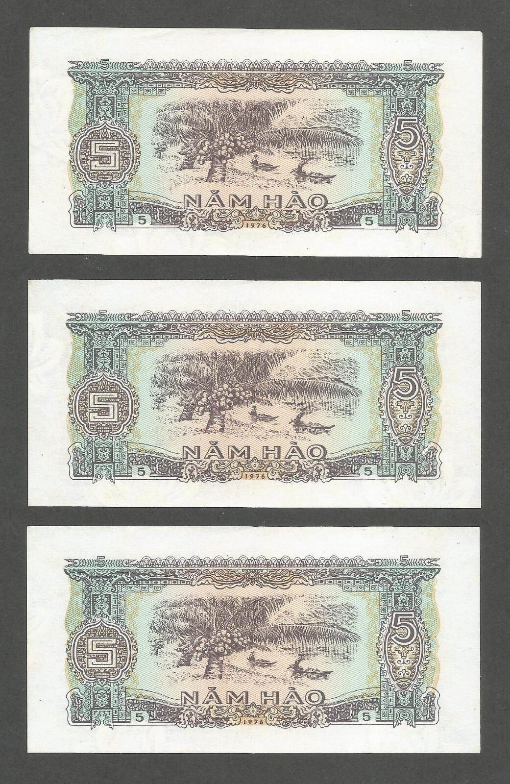 Vietnam 5 Hao 1976; AU+; P-79a; BNB-B307a; Canoes, Palms; Lot of 3 consecutive #