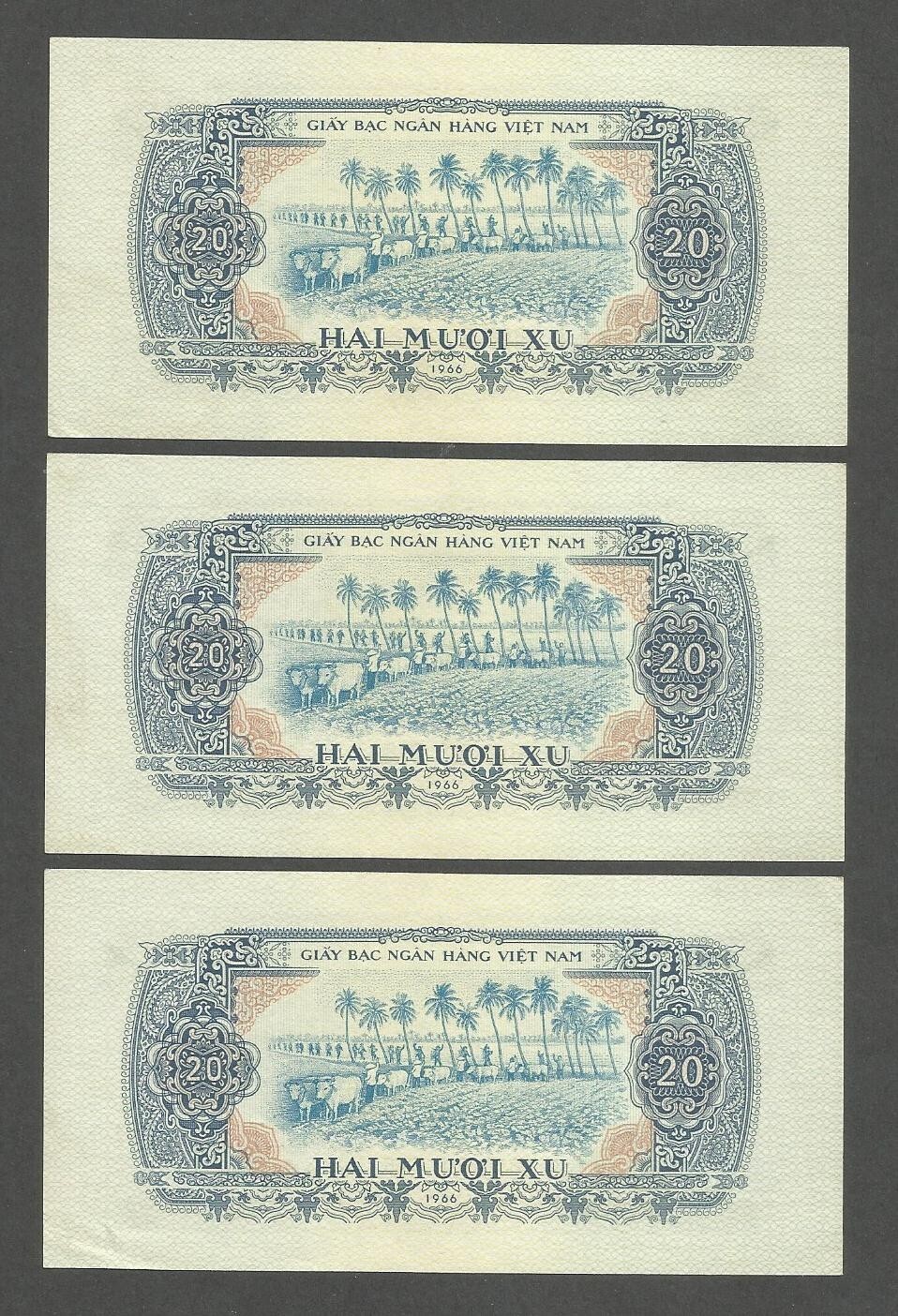 South Vietnam 20 Xu 1966 (1975); AU+; P-38a; BNB-B202a; Lot of 3 consecutive #