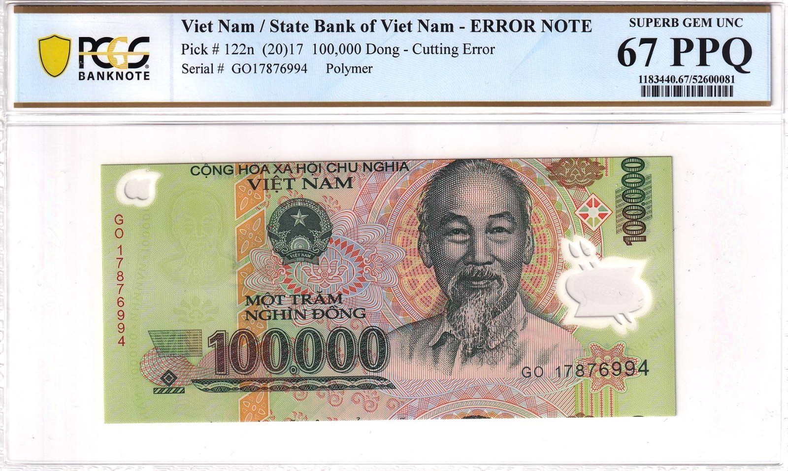 Error Vietnam 2017 100,000 Dong Cutting Error Pick 122n PCGS 67 PPQ Gem UNC