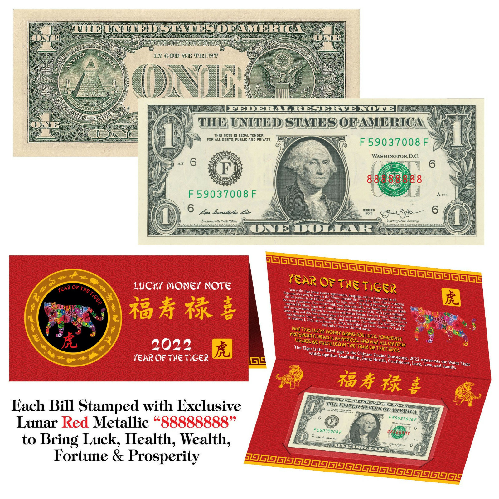 2022 Chinese YEAR of the TIGER Red Lunar Metallic Lucky 8 U.S. $1 Bill w/ Folder