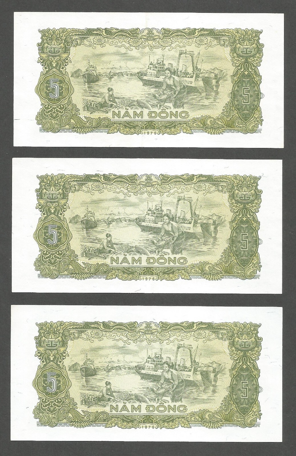 Vietnam 5 Dong 1976; UNC; P-81b; BNB-B309b; Lot of 3 consecutive serial numbers