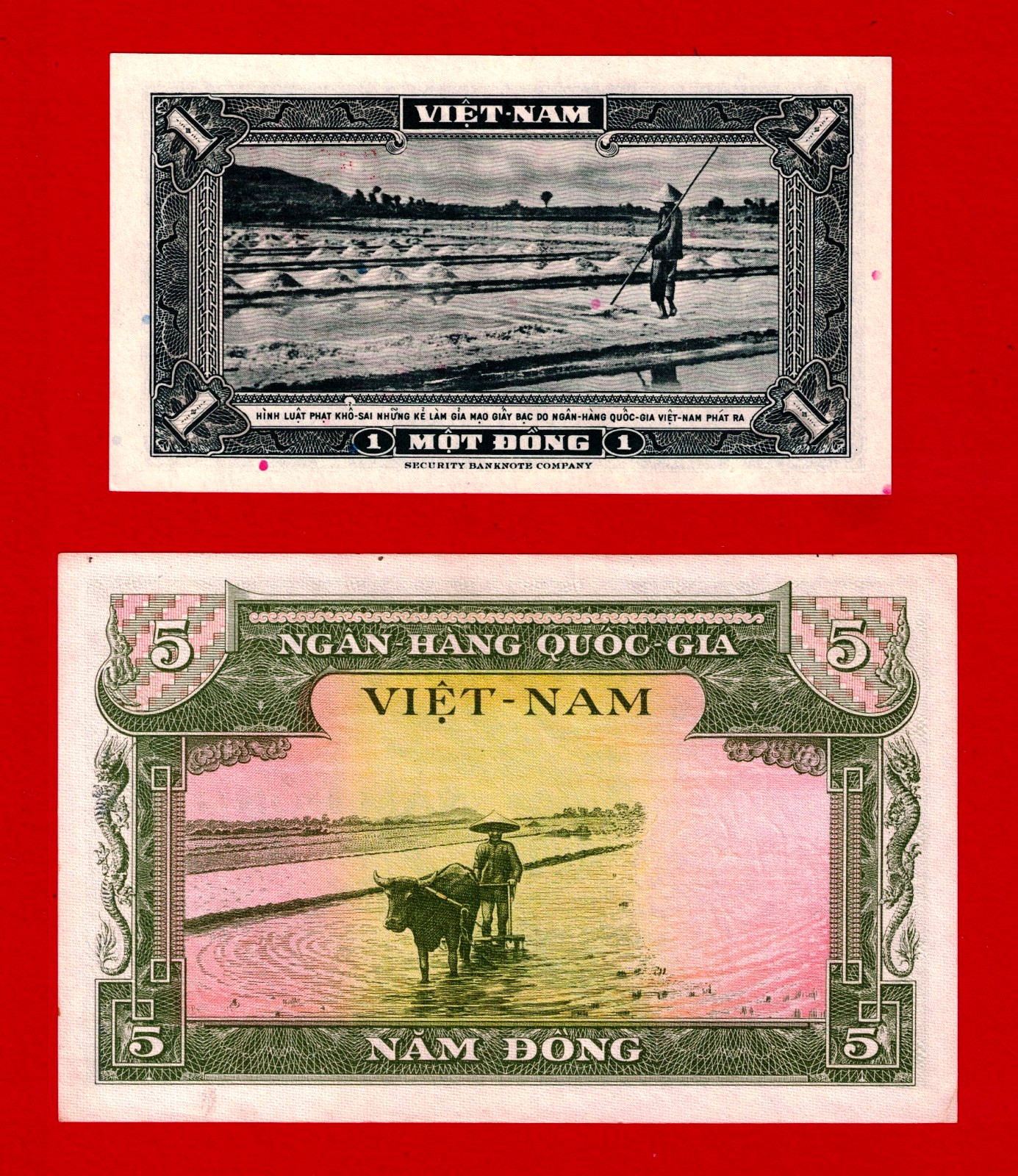 South Vietnam RARE 1955 UNC Notes – 1 Dồng (P-11a) and 5 Dồng (P-2a) FIRST ISSUE