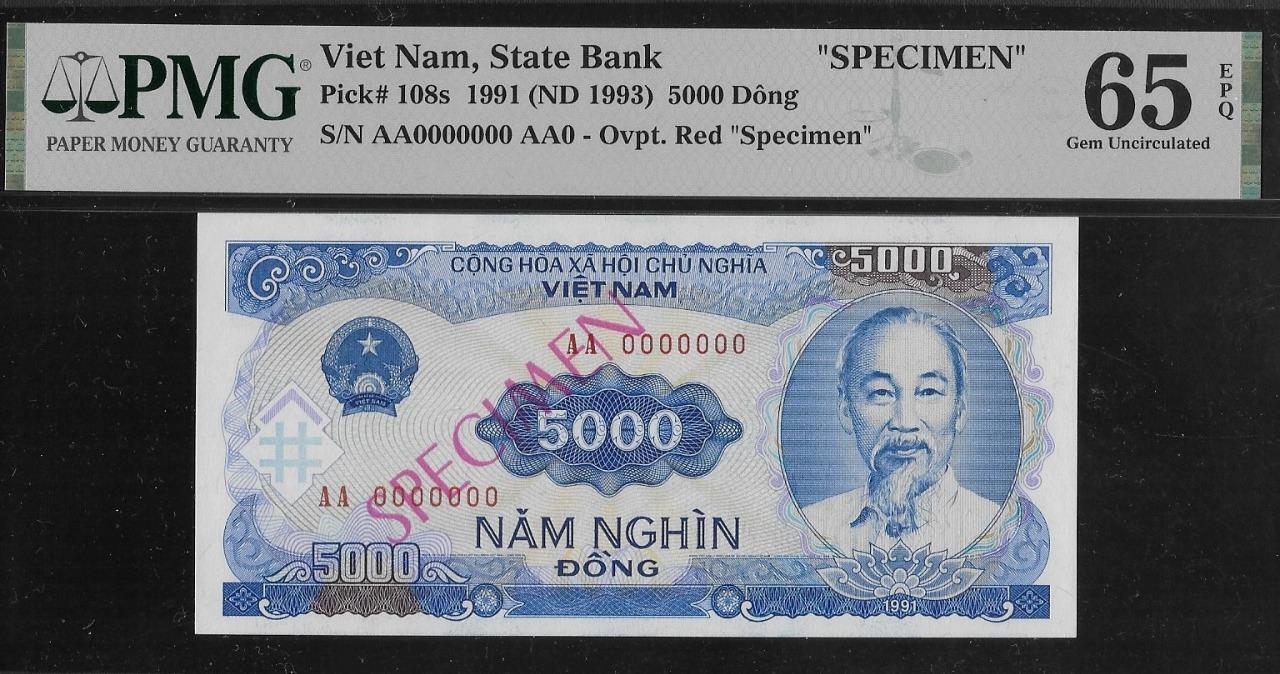 Vietnam P-108s 5000 Dong 1991 Specimen PMG 65 EPQ