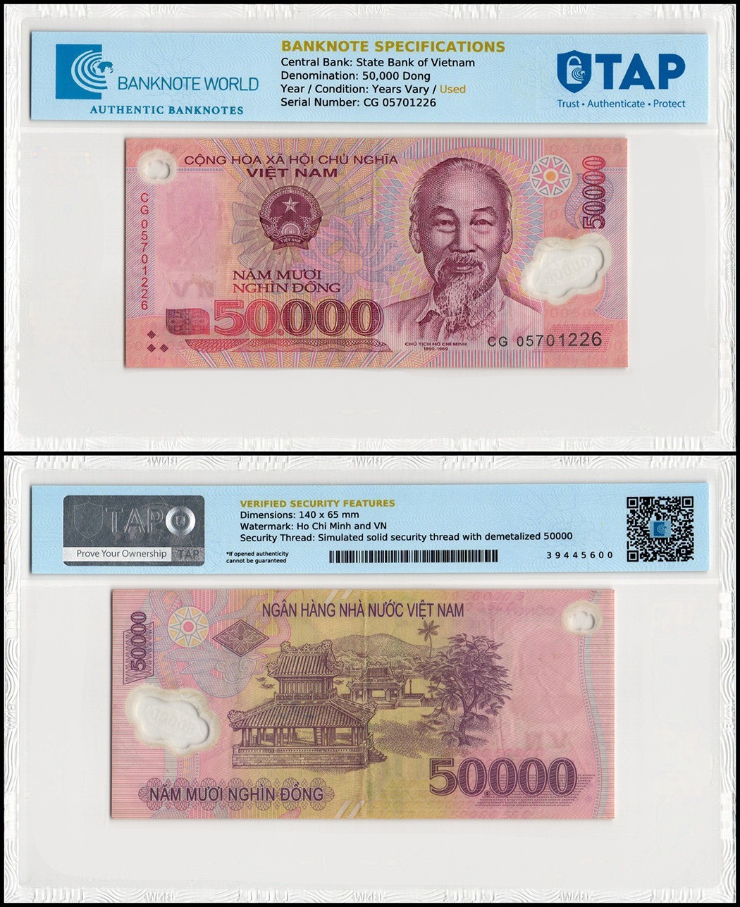 Vietnam 50000 Dong, 2003-2024, P-121, Used, Polymer, TAP Authenticated