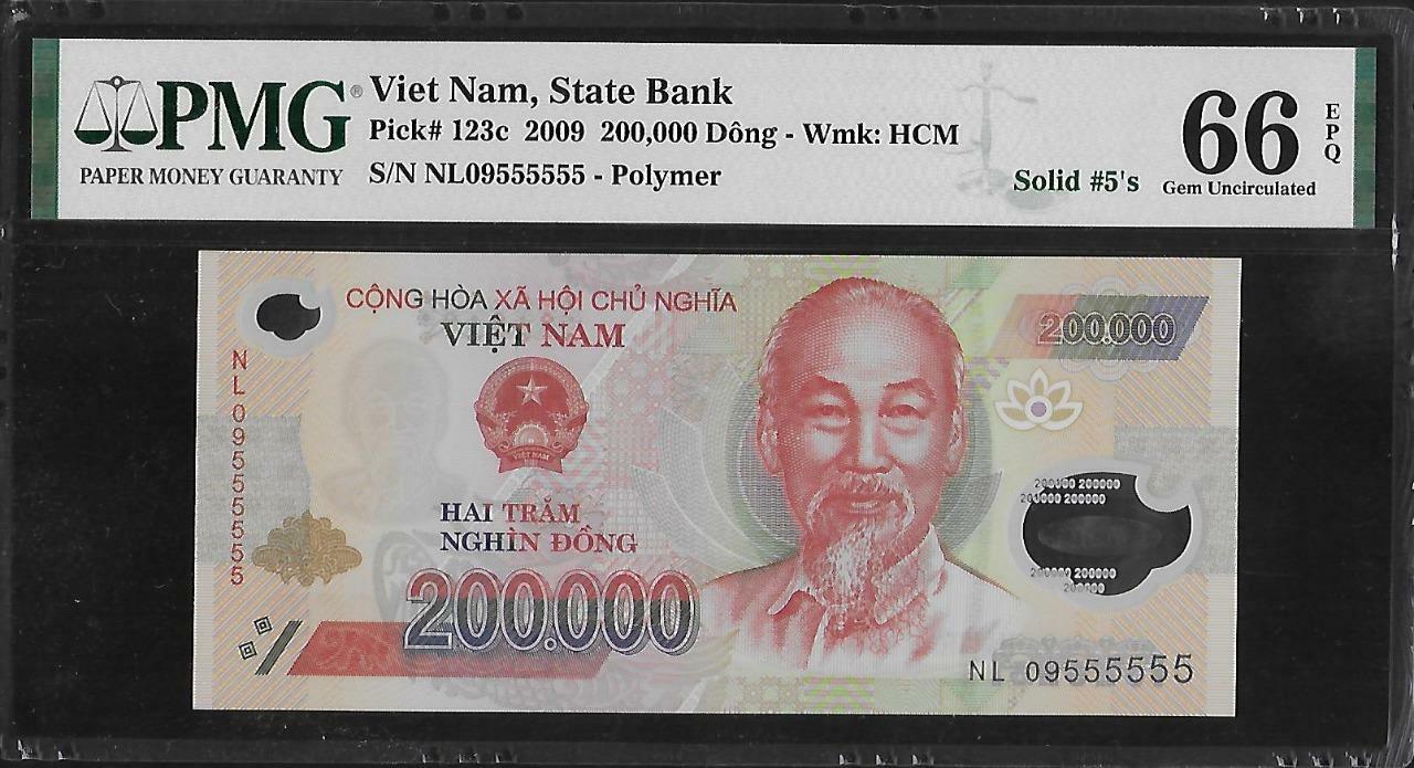Vietnam P-123c 200,000 Dong 2009 Solid #5’s PMG 66 EPQ