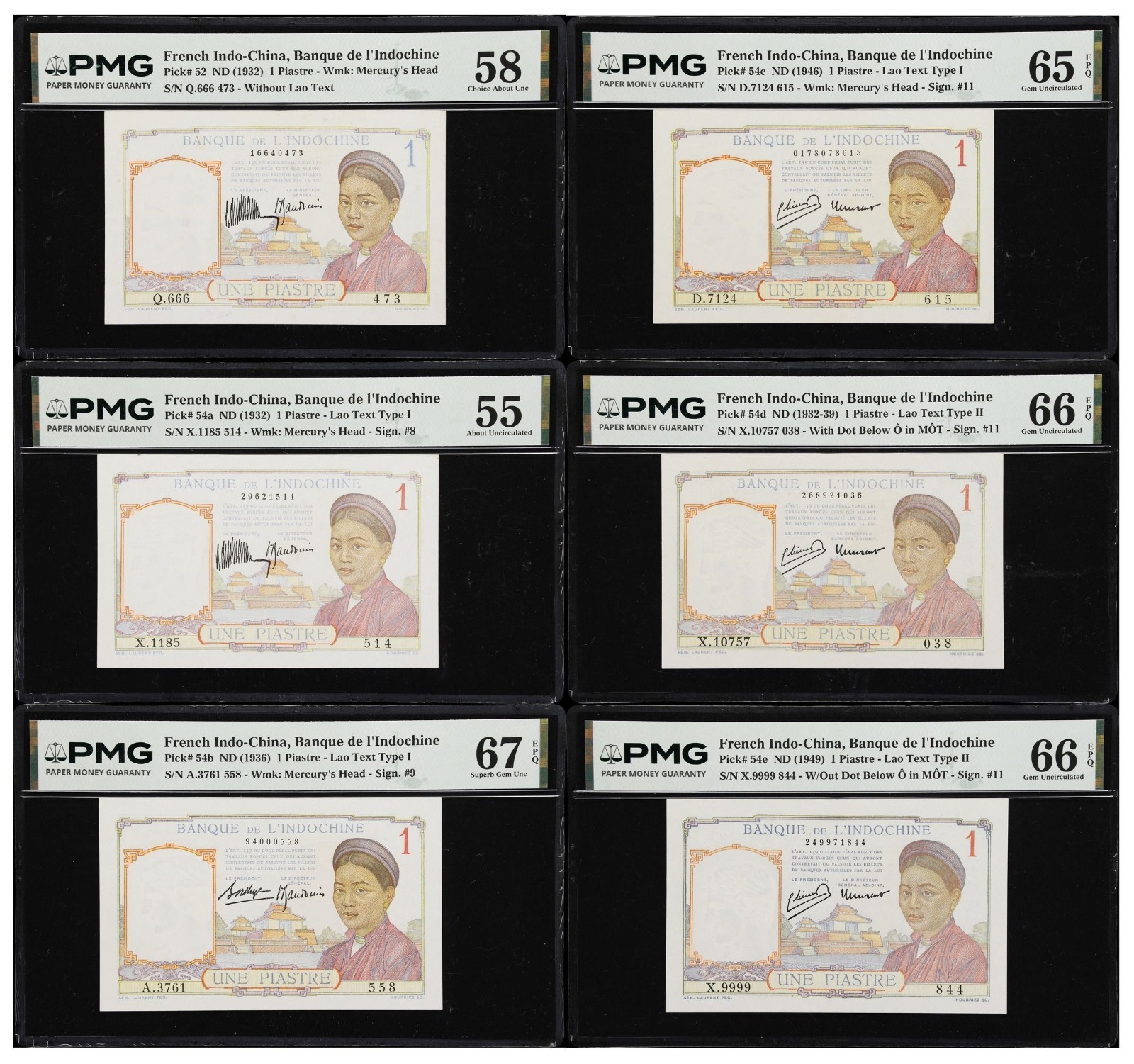 French Indo-China, Set of 6 notes Une Piastres (1932-49) All PMG graded