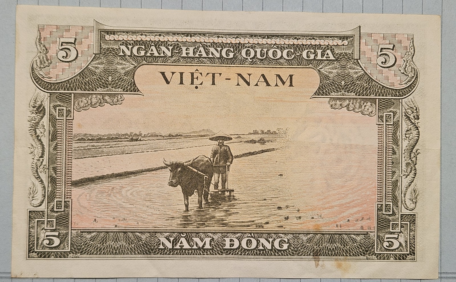 VIETNAM South 5 DONG P-2 1955 Dragon Bird Buffalo Currency Nice Vietnamese NOTE