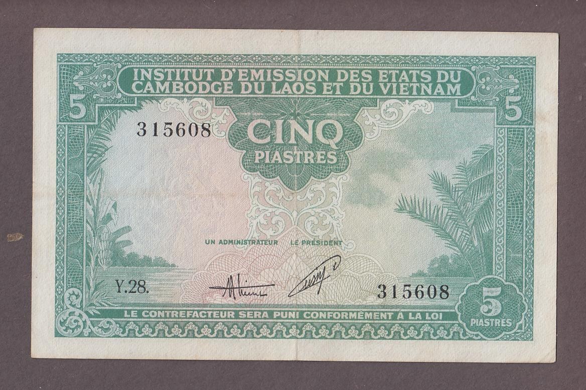French Indochina 5 Piastres Banknote P-106 ND 1953