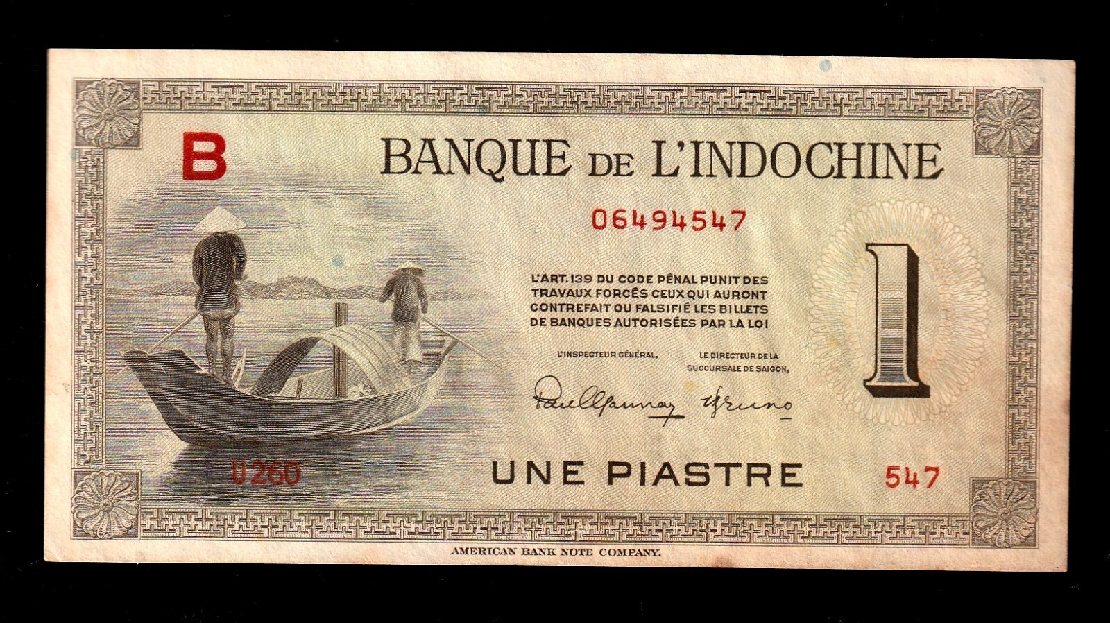 French Indo-china 1 Piastre 1945 P76a Post WW2 WWII Era American Banknote Compa