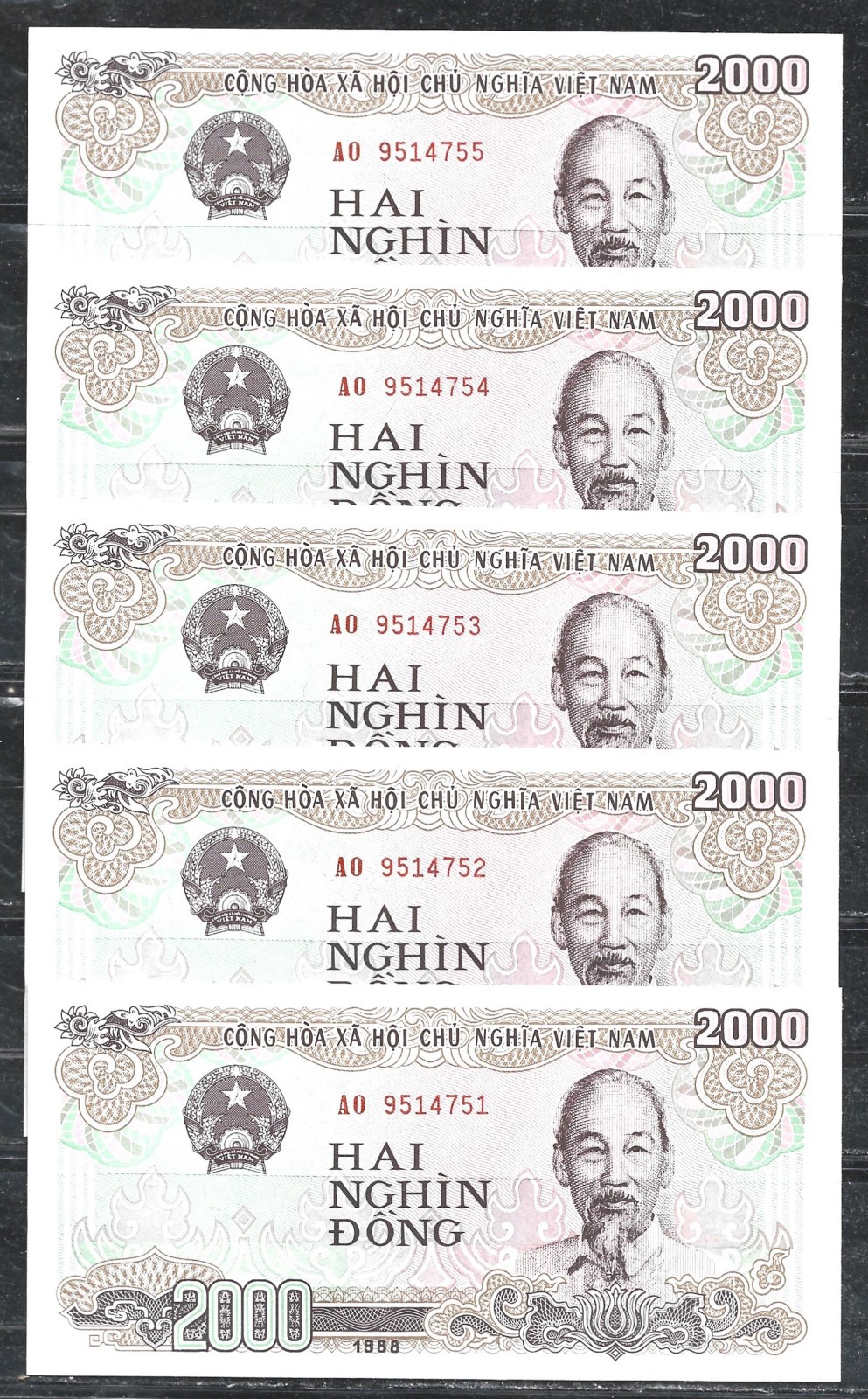 VIET NAM $2000 DONG P.107 LOT OF 5 (UNC) FROM 1988
