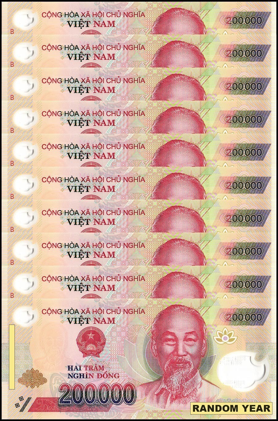 Vietnamese Currency 200000 Vietnam Dong, Random Year, Polymer X 10 PCS