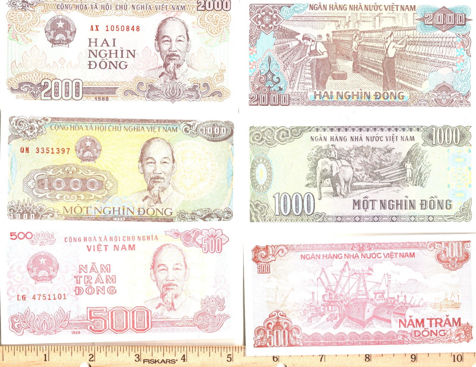1988 Vietnam 500, 1000 and 2000 Dong Banknotes – FREE SHIPPING 3 Notes!