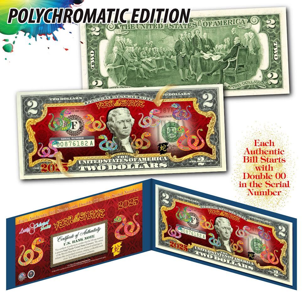 2025 CNY Lunar Chinese New YEAR OF SNAKE Polychromatic 8 SNAKES $2 Bill BLUE