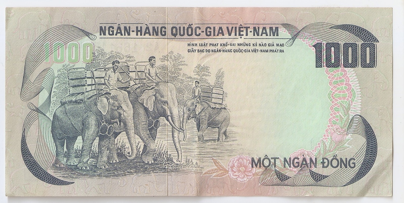South Vietnam 1000 dong ND (1972) Elephants
